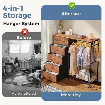 DUMOS Dresser for Bedroom with Hanging Rack, 6 Drawer Fabric Dresser with - Image 4