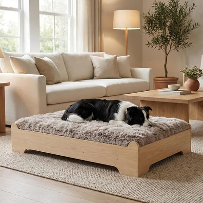 Elevated Wooden Dog Bed with Supportive Cushion & Washable Cover, Sturdy by GLOSSGODS