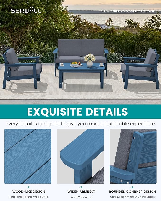SERWALL HDPE Patio Furniture Set, 5 Piece All Weather Wood-Like Sectional - Image 4