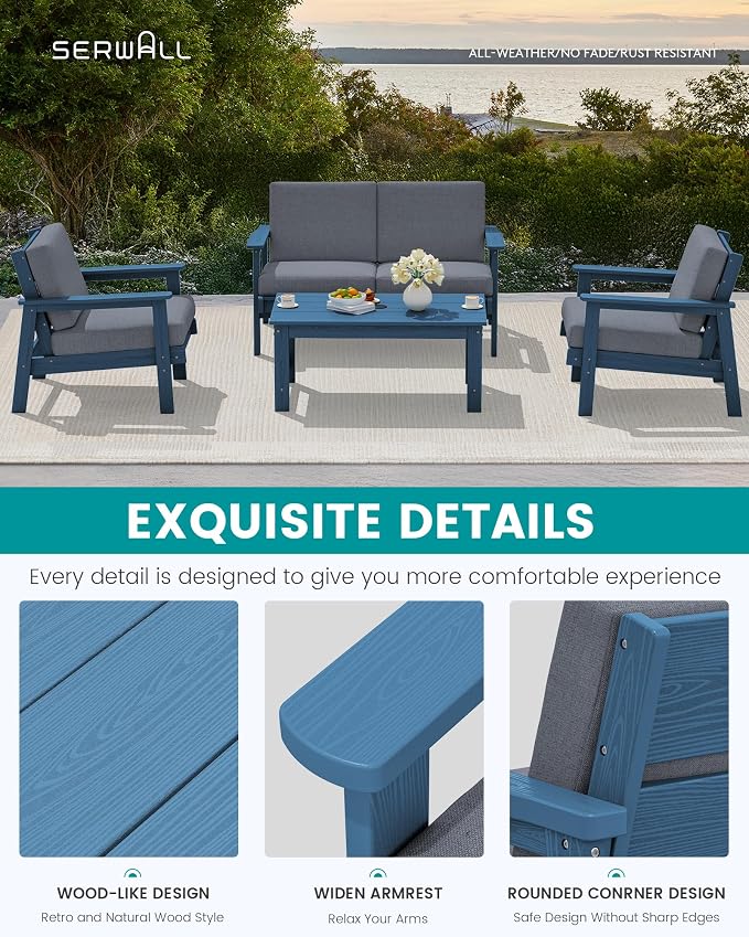 SERWALL HDPE Outdoor Furniture Set, 7 Piece All Weather Wood-Like Outdoor Sofa - Image 4