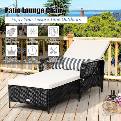 COSTWAY PE Rattan Chaise Lounge Chair Armrest Recliner Adjustable Pillow Black - Image 6