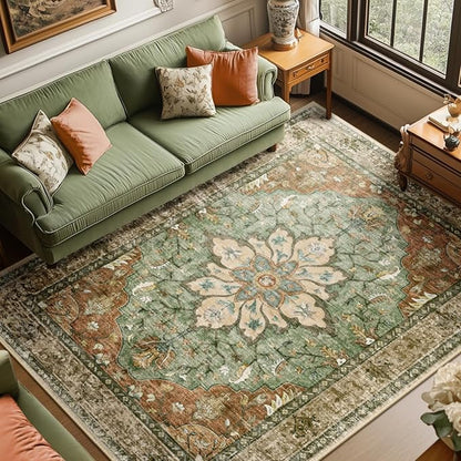RELEANY Area Rugs 8'x10' Washable Non-Slip, Floral Vintage Distress Print by RELEANY
