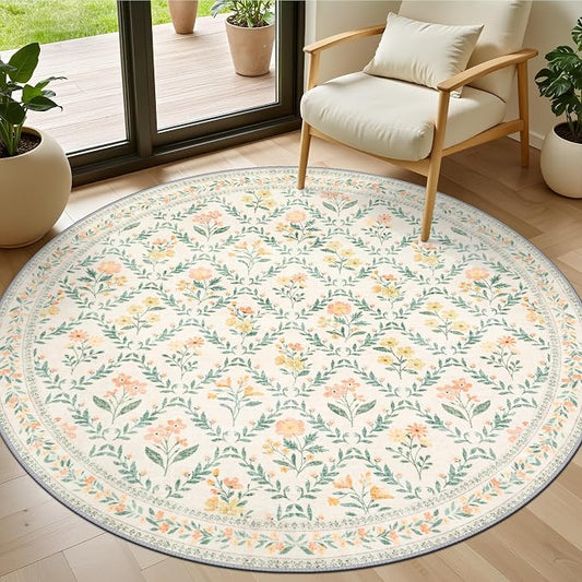 Round Area Rug for Living Room: 4 ft Floral Washable Circle Rug Soft Non-Slip by PLHXFRSoftAreaRugs