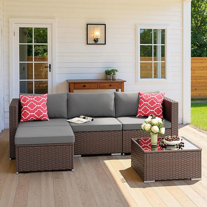 Aiho 5 Pieces Patio Furniture Set All-Weather Outdoor Wicker Sectional Patio - Image 4
