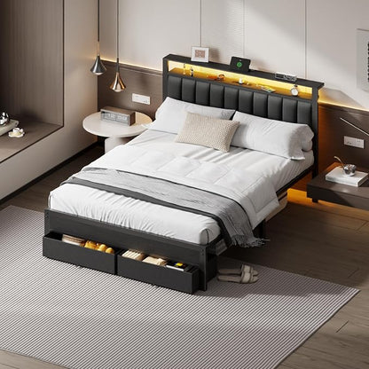 Furnulem Queen Bed Frame with Charging Station and LED Lights, Metal Platform - Image 3