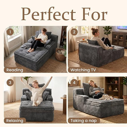 Boneless Chaise Lounge Couch Indoor, Small Corduroy Upholstered Sleeper Sofa - Image 3