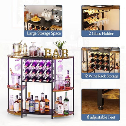 JKsmart Wine Bar Cart with LED Lights, Mini Wine Rack with Storage and Glass - Image 5