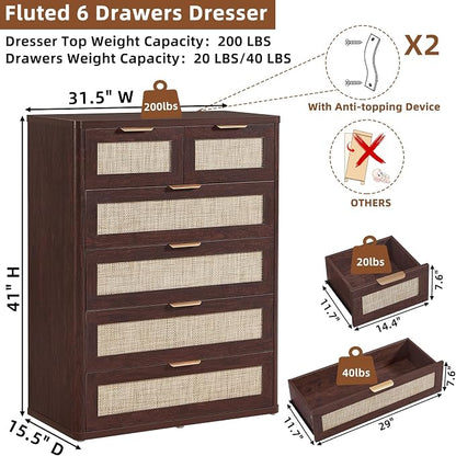 LEYAOYAO Rattan Dresser for Bedroom Set of 2, Modern 6 Drawers Boho Dressers - Image 6