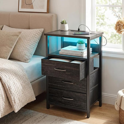 Fixwal Night Stand with Charging Station, LED Nightstand with Fabric Drawers - Image 2
