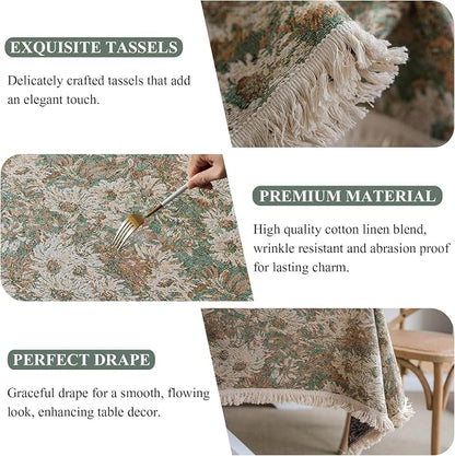 Aesthetic Green and Beige Floral Table Cloth, Linen Texture Table Cloth - Image 5