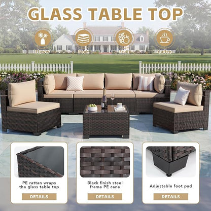 LEVELEVE 7 Pieces Outdoor Patio Furniture Sets, Rattan Conversation Sectional - Image 4