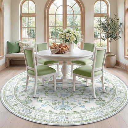 RELEANY Area Rugs Round 7ft Washable Non-Slip, Floral Vintage Distress Print by RELEANY