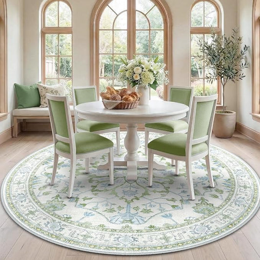 RELEANY Area Rugs Round 7ft Washable Non-Slip, Floral Vintage Distress Print by RELEANY