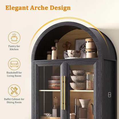 HWB Display Curio Cabinet with Glass Doors, Arched Bookcase 5-Tier Tall Storage - Image 4