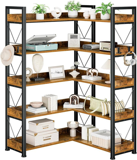 DUMOS 65 inch L Shaped Bookshelf, 5 Tier Corner Bookcase by DumosLifestyle