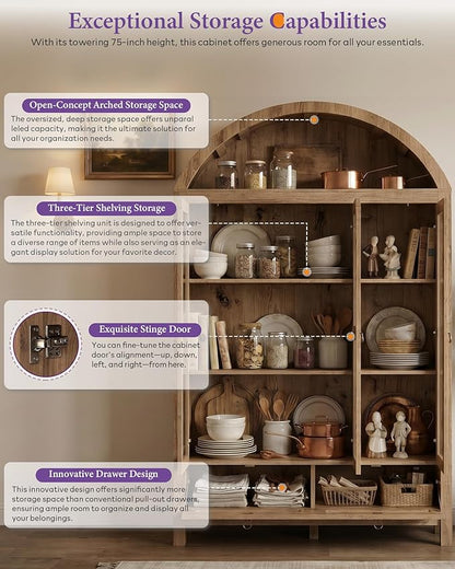 TYBOATLE 75'' Arched Cabinet Classic Farmhouse Design w/Three Glass Doors - Image 6