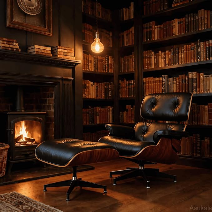 Top Black Grain Leather, Mid Century Chaise Lounge Chair and Ottoman, Leather - Image 6