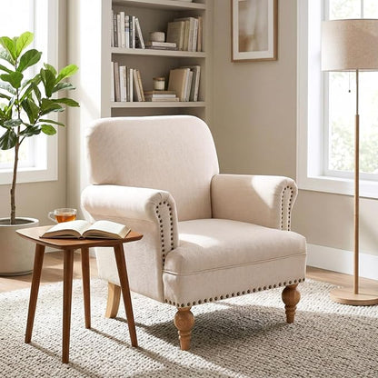 Beige Linen Fabric Accent Chair, Modern Farmhouse Upholstered Armchair - Image 8