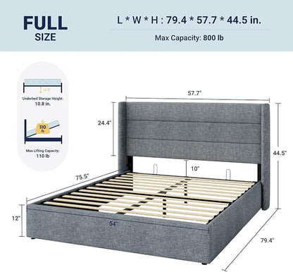 Allewie Full Size Lift Up Storage Bed, Modern Wingback Headboard, Hydraulic - Image 2