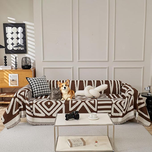 VClife Boho Couch Cover, Reversible Brown Geometric Checkered Sofa Cover by VCLIFE
