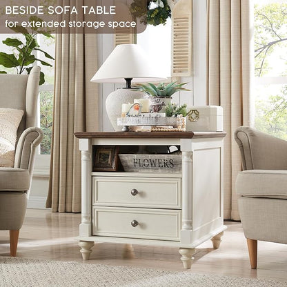 T4TREAM 24'' Farmhouse End Table w/4 Solid Wood Feet, Large 2 Drawers Wide Sofa - Image 7