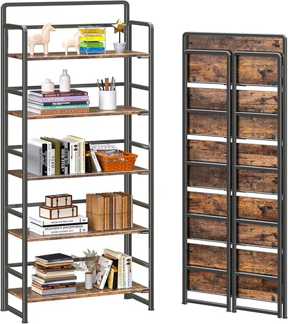 4NM No Assembly 5 Tiers Folding Bookshelf Storage Shelves Vintage Bookcase by 4NM