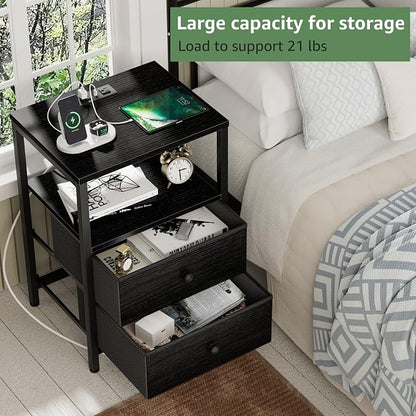 BOLUO Black Nightstand with Charging Station, LED Night Stand with 2 Fabric - Image 4