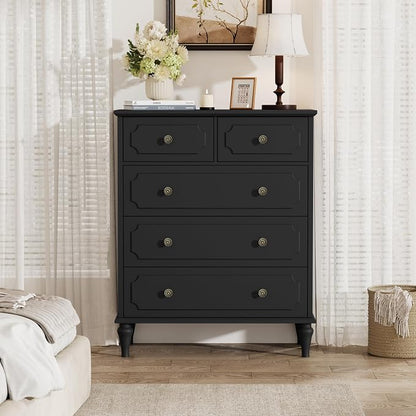 Black Dresser for Bedroom with 5 Drawers, Vintage Tall Dresser with Smooth - Image 5