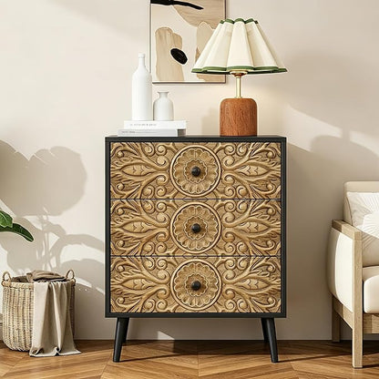 Carved Black Wood Nightstand, 3 Drawers Accent Cabinet, Vintage End Table - Image 9