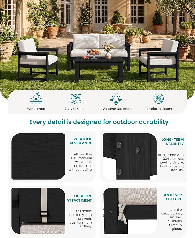 SERWALL 4-Piece Outdoor Patio Sofa Set, HDPE All-Weather Loveseat Sofa - Image 4