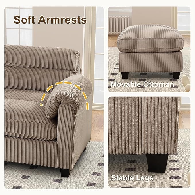 HAOMARKETS Corduroy 4-Piece Sofa Set, Upholstered Ottoman Set of 2, Accent - Image 5
