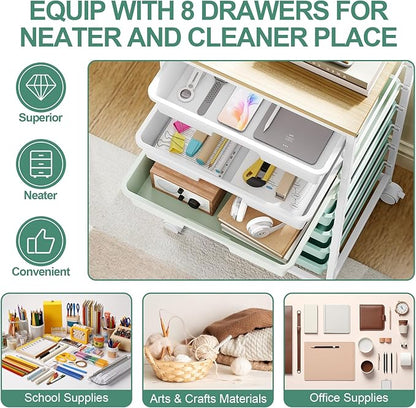 Storage Cart with 8 Drawers, Utility Cart with White Drawers and Wooden Tabletop - Image 3