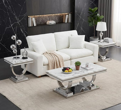 Henf 47" Marble Coffee Table Modern White Faux Marble Center Table - Image 5