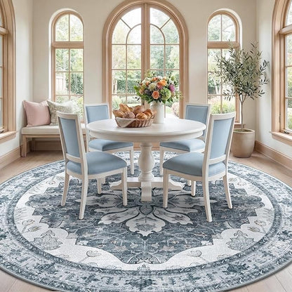 RELEANY Area Rugs Round 8ft Washable Non-Slip, Floral Vintage Distress Print - Image 2