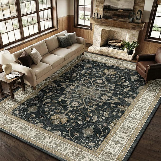 RELEANY Area Rugs 8'x10' Washable Non-Slip, Floral Vintage Distress Print by RELEANY