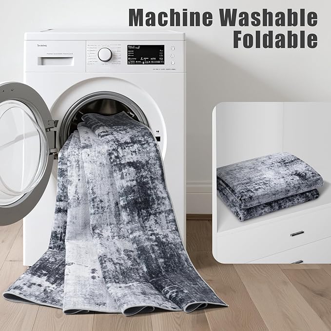 2.6'x14' Runner Rug Washable Rug: Modern Abstract Soft Thin Runner Rug Black - Image 5