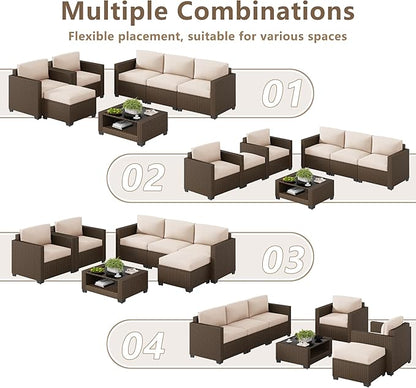LOUVIXA 7 Piece Outdoor Patio Furniture Set, Rattan Chairs Glass Table Wicker - Image 4