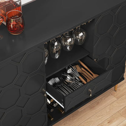 Modern Bar Cabinet with Drawer, Liquor Cabinet with Wine Glass Racks and Shelves - Image 5