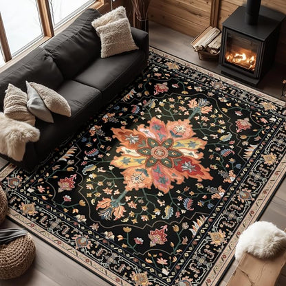 RELEANY Area Rugs 6'x8' Washable Non-Slip, Floral Vintage Distress Print by RELEANY