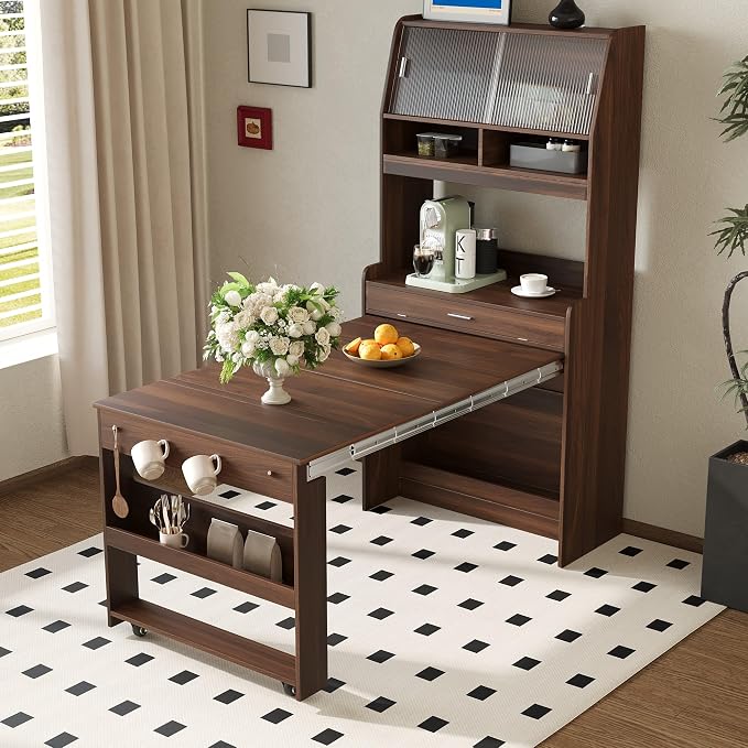 Kitchen Storage Cabinet with Hutch and Extendable Dining Table, 33.5" by Unknown