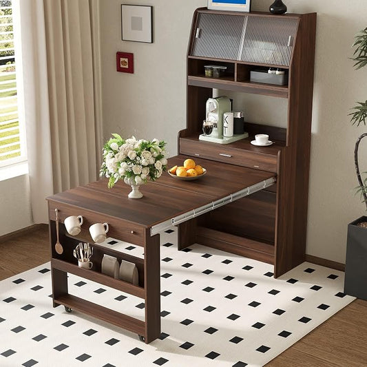 Kitchen Storage Cabinet with Hutch and Extendable Dining Table, 33.5" by Unknown