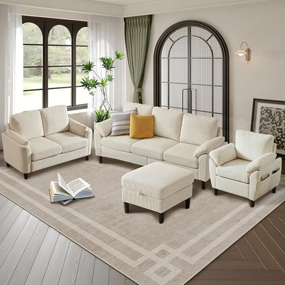 4 Piece Modern Corduroy Sofa Set, L-Shaped Sectional Couch - Image 4