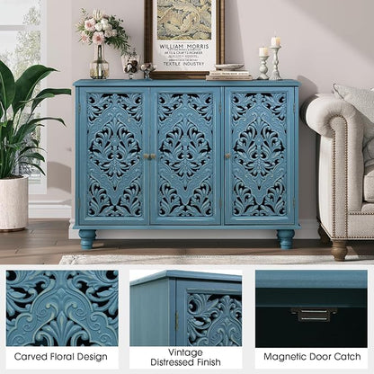 JOINICE Accent Cabinet with 3 Carved Doors, Distressed Blue Sideboard Buffet - Image 4