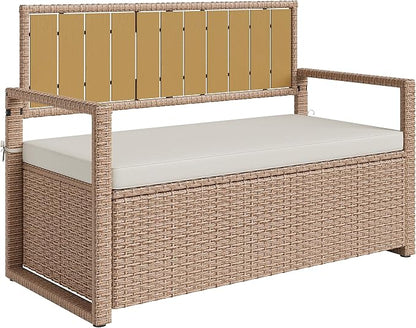 Outdoor Storage Bench with Cushion, Hand-Woven Yellow Wicker Deck Box with - Image 8