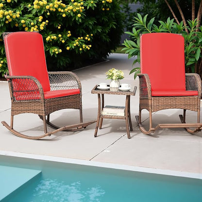 Greesum 3 Piece Outdoor Wicker Rocking Chairs Patio Furniture Set - Image 3