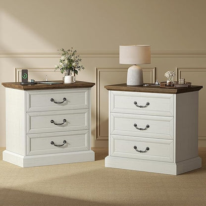 Huuger Nightstand with Charging Station, 3 Drawer Night Stand Set of 2 by Huuger