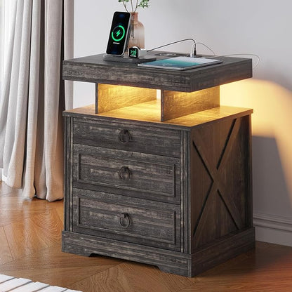 HNEBC Night Stand Set 2 with Gun Drawers, Farmhouse Nightstand with Charging - Image 9