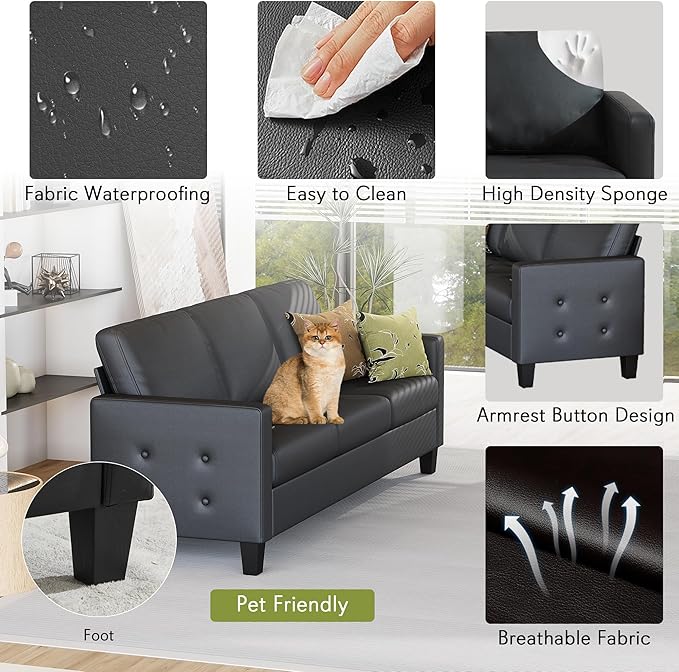 STHOUYN Black Faux Leather 3 Seater Sofa and Accent Chair, Modern Comfy Office - Image 3