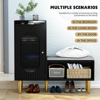 HLR Storage Bench with Glass Door&Shelf, Modern Entryway Shoe Cabinet Bench - Image 5