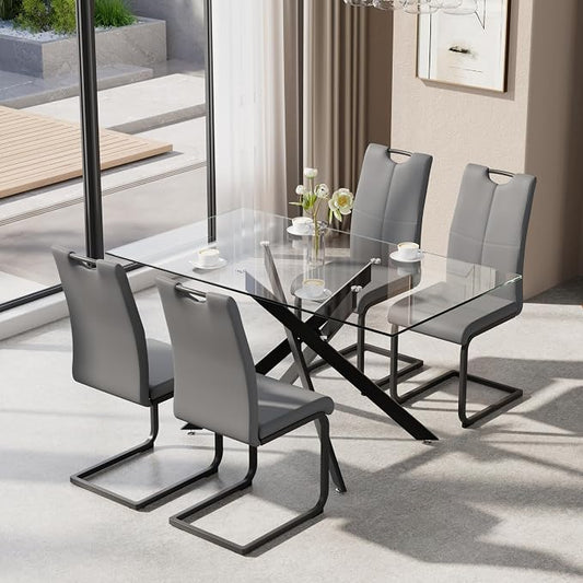 5-Piece Dining Table Set for 4, Modern Rectangular Glass Table by KATBOCFurniture